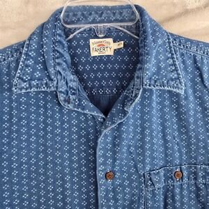 Faherty Brand Mens Indigo Dyed Short Sleeve Button Up Shirt Medium Geometric